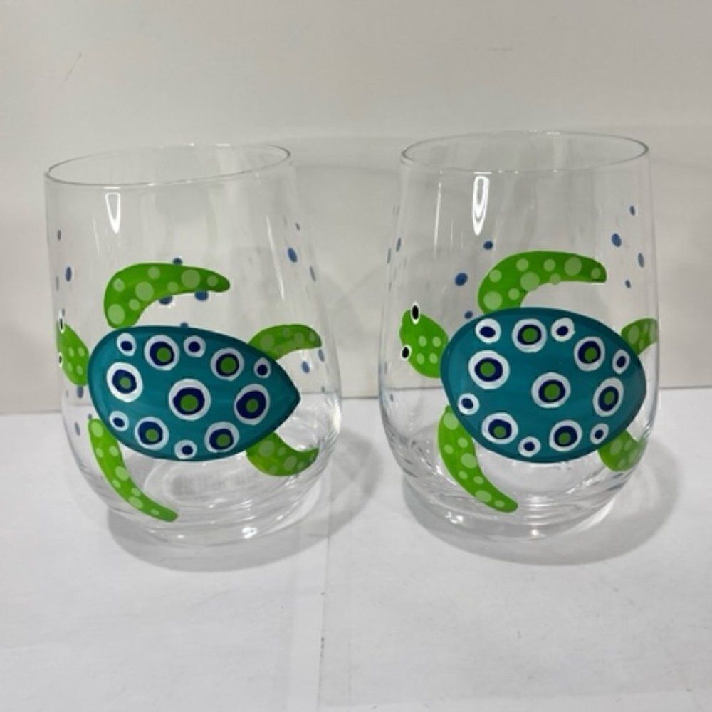 2 Stemless Wine Glasses Turtle - Green December Diamonds New NWT Excellent - New